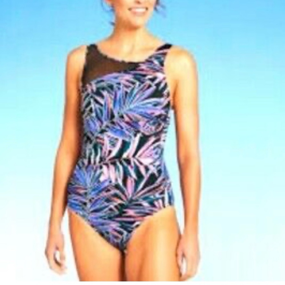 Aqua Green Womens Sz M 8/10 one piece Swimsuit Palm Print Padded Beach